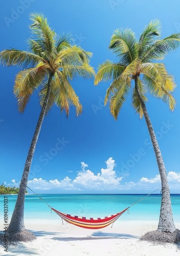 Tropical Beach with Palm Trees and Hammock in Caribbean Paradise