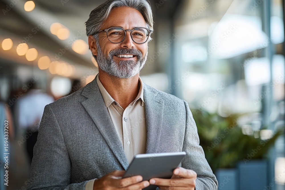 Middle aged businessman with gray beard and glasses using tablet in modern office smiling Middle aged businessman with gray beard and glasses using tablet in modern office smiling