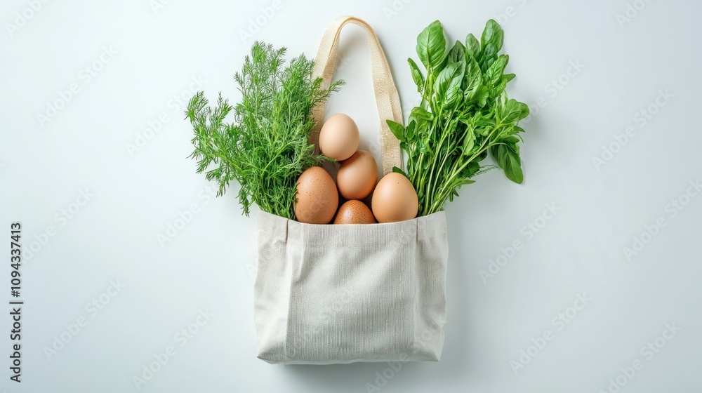 A canvas bag filled with fresh herbs, spinach, and brown eggs. A canvas bag filled with fresh herbs, spinach, and brown eggs.