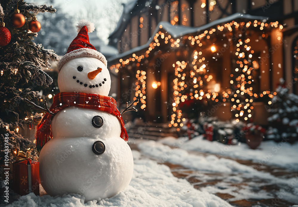 Snowman in winter setting,Christmas background.
Snowman in winter setting,Christmas background.