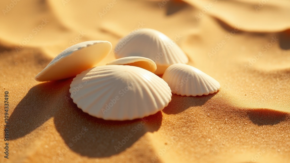 Close-up of cowrie shells on fine golden sand, with warm diffused light and soft shadows adding depth and sophistication to the scene. Close-up of cowrie shells on fine golden sand, with warm diffused light and soft shadows adding depth and sophistication to the scene.