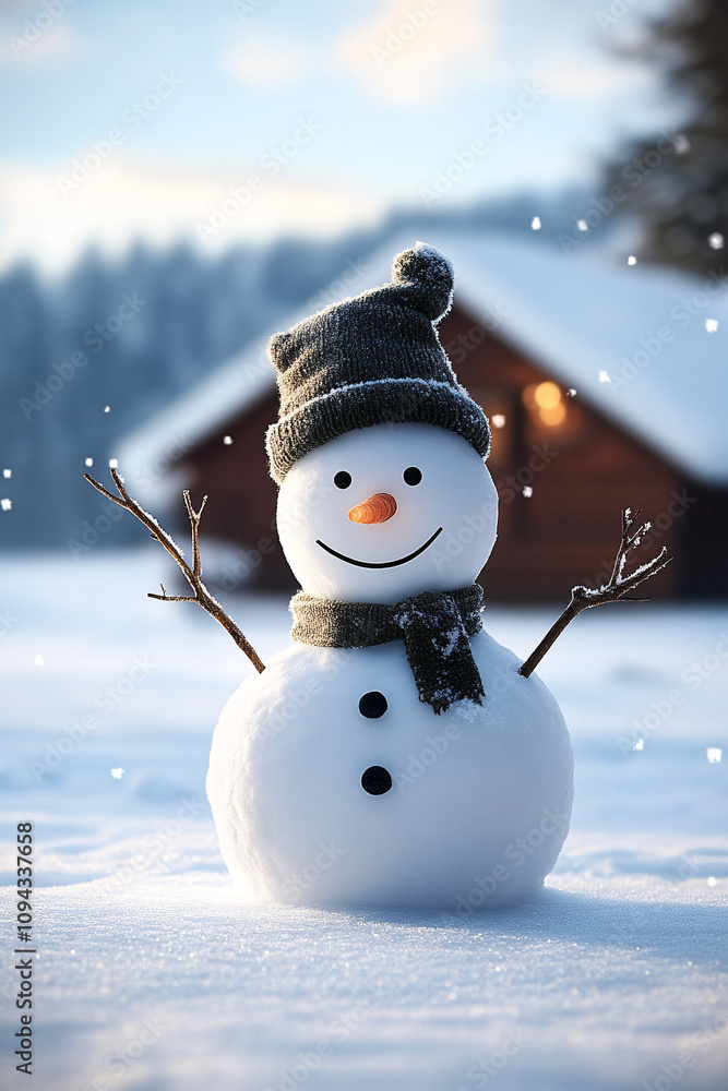 Obraz premium Snowman in winter setting,Christmas background.