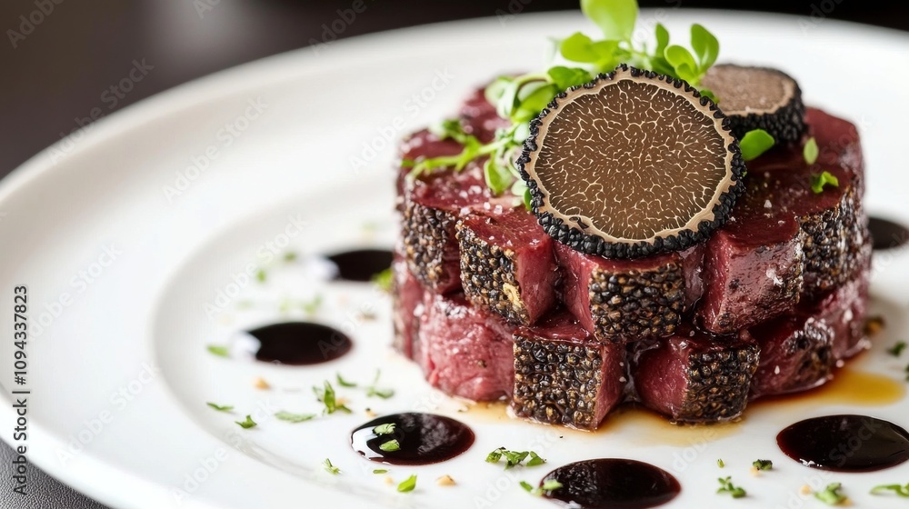 Gourmet Meat Dish with Truffles on White Plate Gourmet Meat Dish with Truffles on White Plate