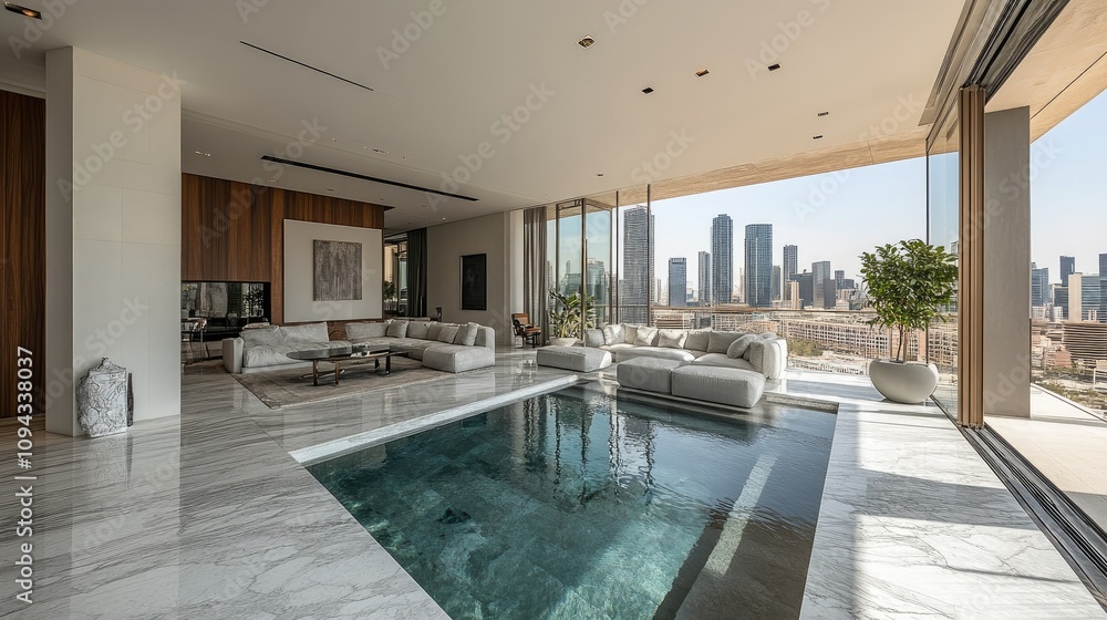 Modern living room with a pool and city skyline view. Modern living room with a pool and city skyline view.