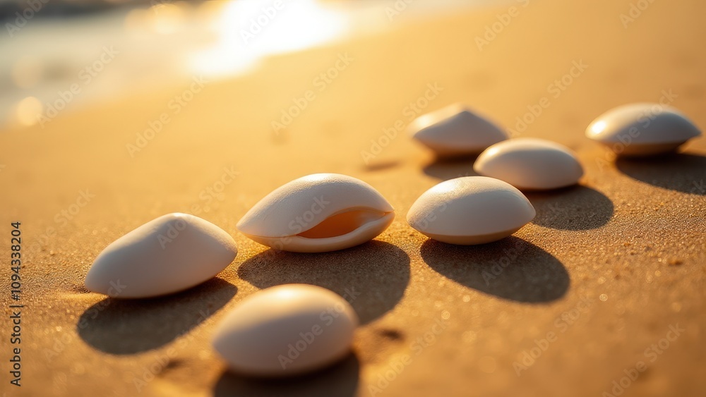 Cowrie shells on fine golden sand, highlighted by warm light and soft shadows, creating a sophisticated and sleek visual aesthetic. Cowrie shells on fine golden sand, highlighted by warm light and soft shadows, creating a sophisticated and sleek visual aesthetic.
