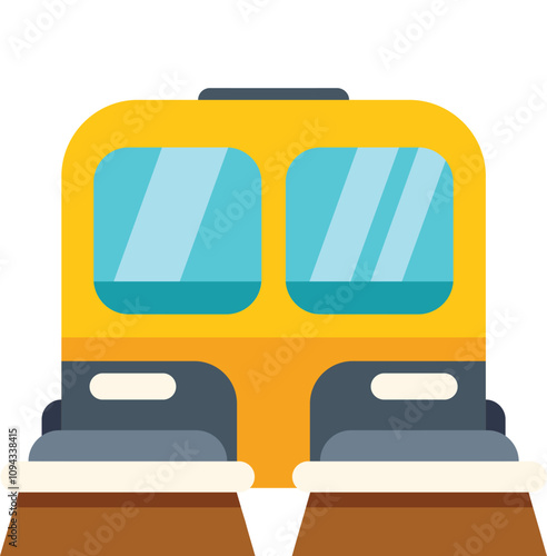 Yellow snow plow train cleaning snow from railway, front view, flat style vector illustration isolated on white background