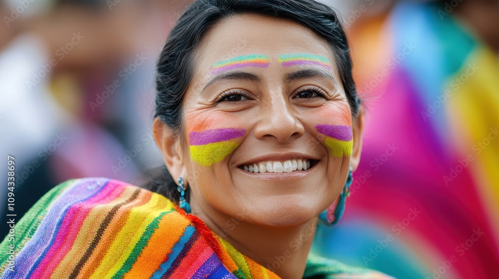 Chilean woman beams with joy in vibrant attire and face paint at a cultural gathering Chilean woman beams with joy in vibrant attire and face paint at a cultural gathering