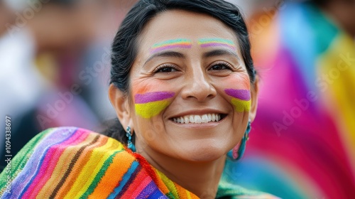 Chilean woman beams with joy in vibrant attire and face paint at a cultural gathering