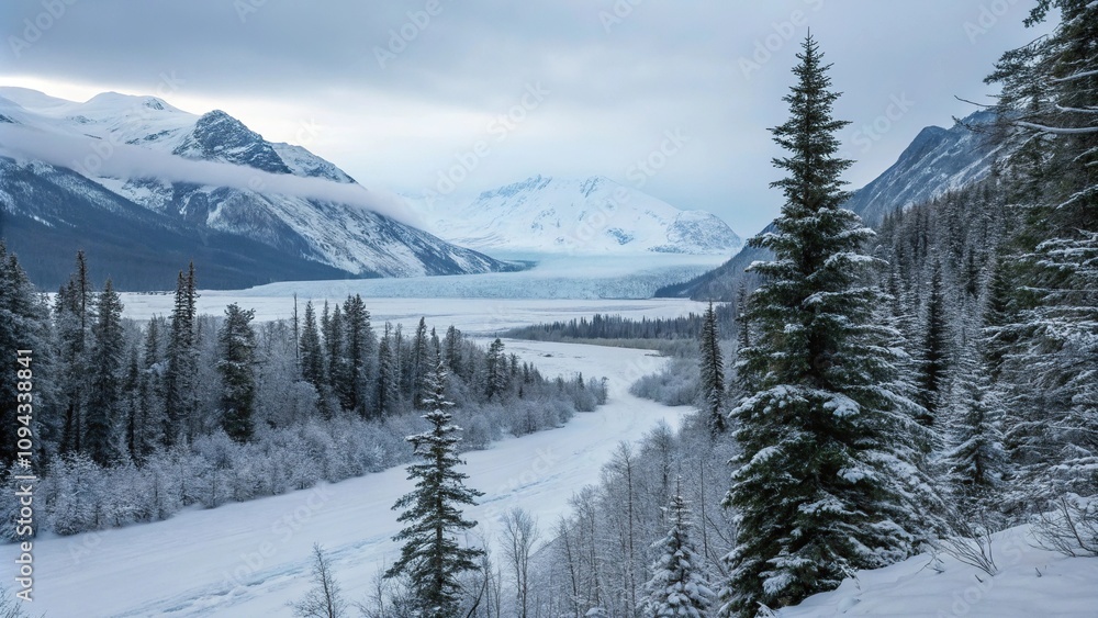 Snow-covered forest with a glacier in the background, alpine landscape, snow-covered forest Snow-covered forest with a glacier in the background, alpine landscape, snow-covered forest