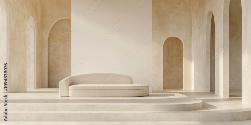 A minimalist interior featuring a curved sofa and archways in a serene, neutral-toned space. A minimalist interior featuring a curved sofa and archways in a serene, neutral-toned space.