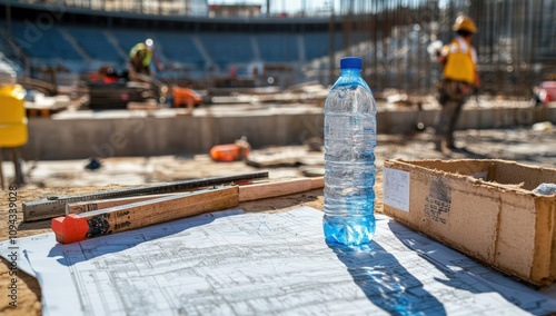 A construction site with a water bottle and blueprints on the ground. photo