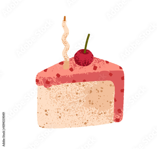 Cake slice, sweet cherry and vanilla mousse dessert. Cut piece with berry decoration, festive candle. Delicious treat, birthday confectionery. Flat vector illustration isolated on white background