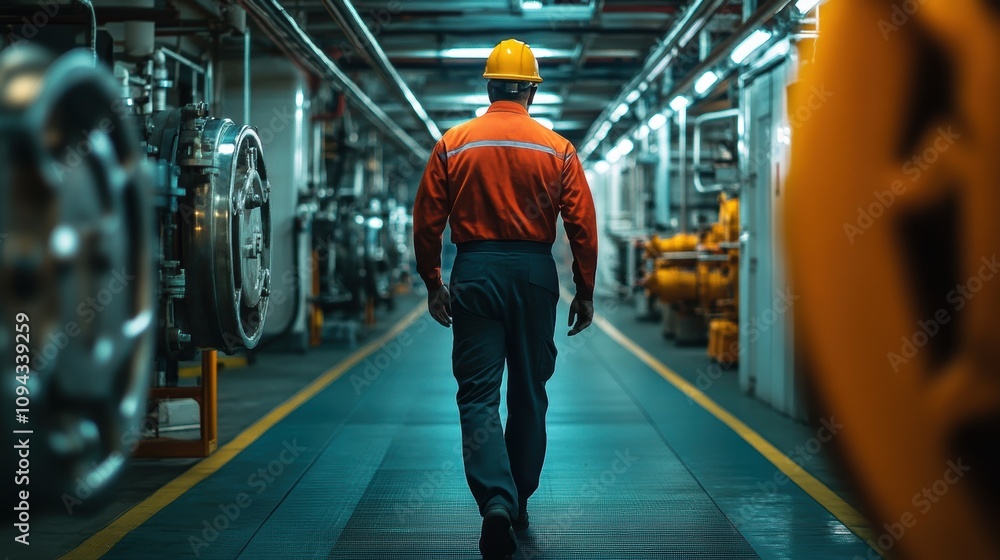 Fototapeta premium Male worker in orange safety gear walking through an industrial facility.