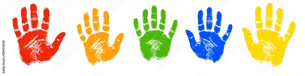 Vibrant Colorful Handprints on White Background, Fun Artistic Prints, Children's Creative Hand Art Vibrant Colorful Handprints on White Background, Fun Artistic Prints, Children's Creative Hand Art
