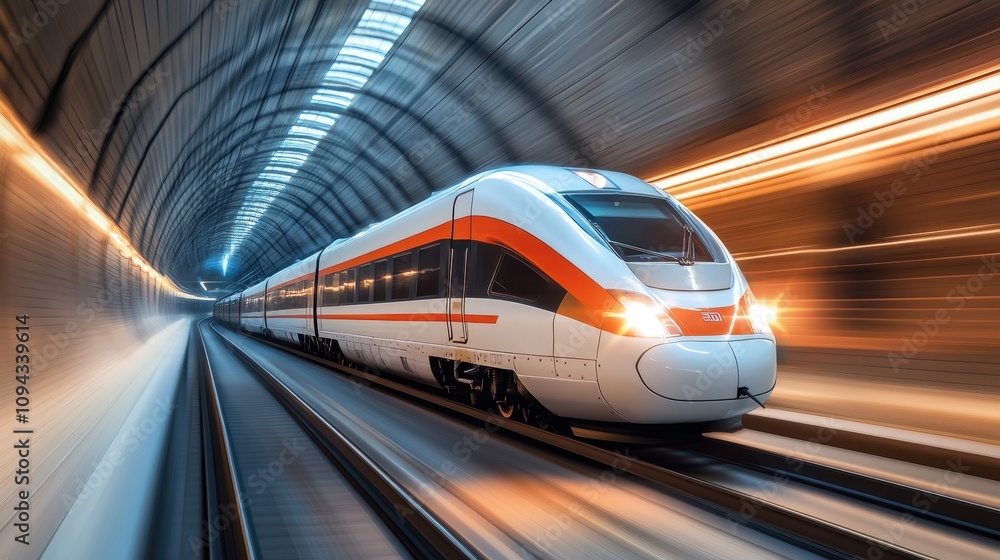 A high-speed train traveling through a tunnel, showcasing motion and modern transportation. A high-speed train traveling through a tunnel, showcasing motion and modern transportation.