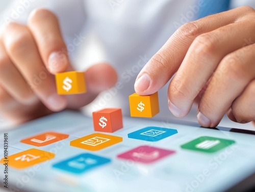 Wallpaper Mural Consultant Money Organization concept. Digital finance with hands placing money icons on a tablet. Torontodigital.ca