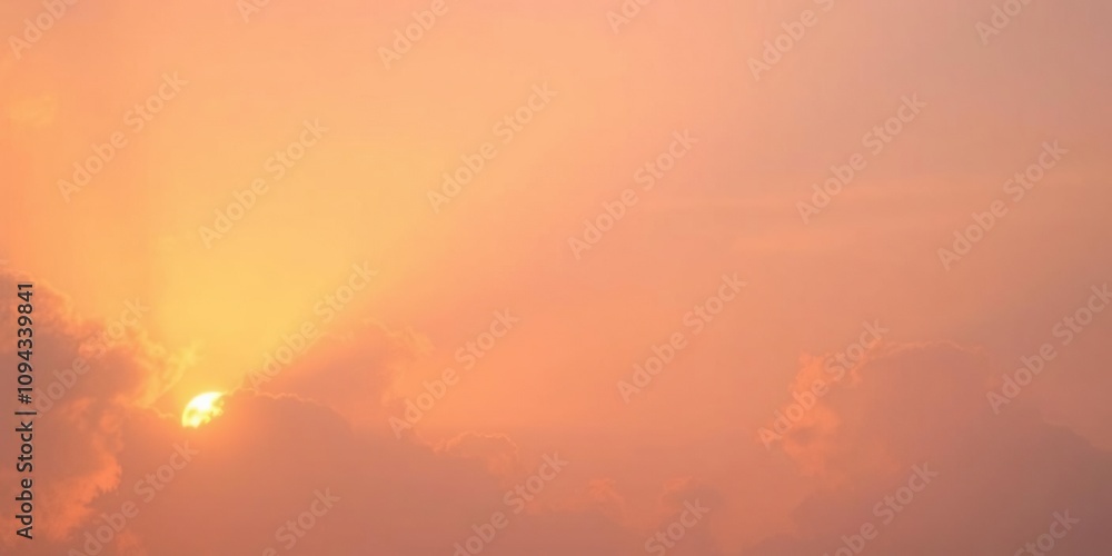 Soft orange glow of sunset light rays passing through wispy clouds, atmosphere, warm tones, serene landscape Soft orange glow of sunset light rays passing through wispy clouds, atmosphere, warm tones, serene landscape