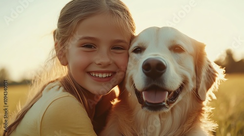 A child hugging a golden retriever on a grassy field during sunset photo