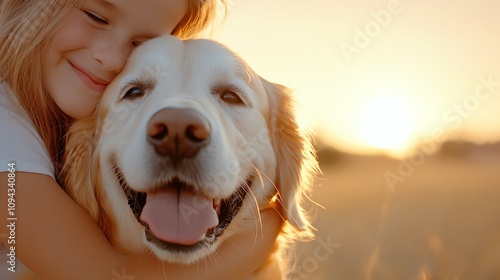 A child hugging a golden retriever on a grassy field during sunset photo