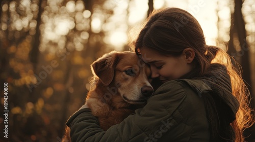 2410_010.heartwarming scene of loyalty, slender female cradling robust canine companion, natural outdoor environment, diffused sunlight, raw emotion captured, balanced composition photo