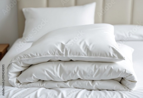 White folded duvet lying on white bed background. Preparing for winter season, household, domestic activities, hotel or home textile