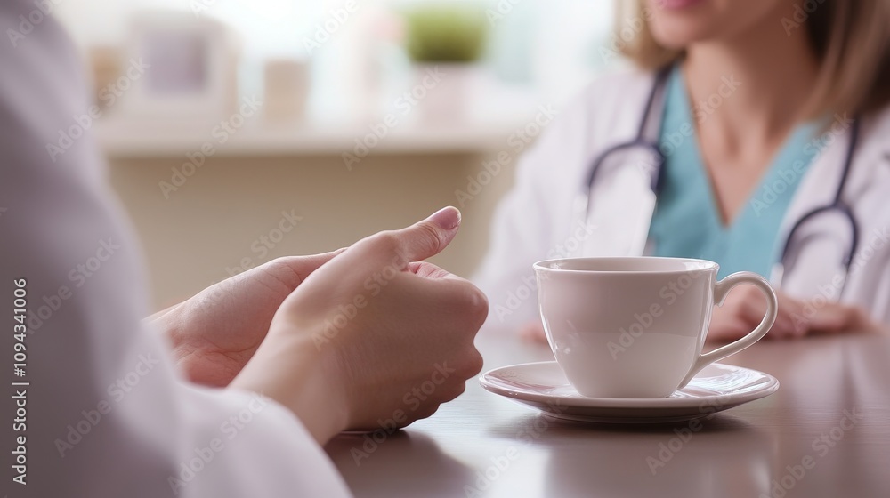 2410_089.close-up shot of healthcare professional and patient engagement, focus on facial expressions and hand gestures, teacup on table, nostalgic decor 2410_089.close-up shot of healthcare professional and patient engagement, focus on facial expressions and hand gestures, teacup on table, nostalgic decor