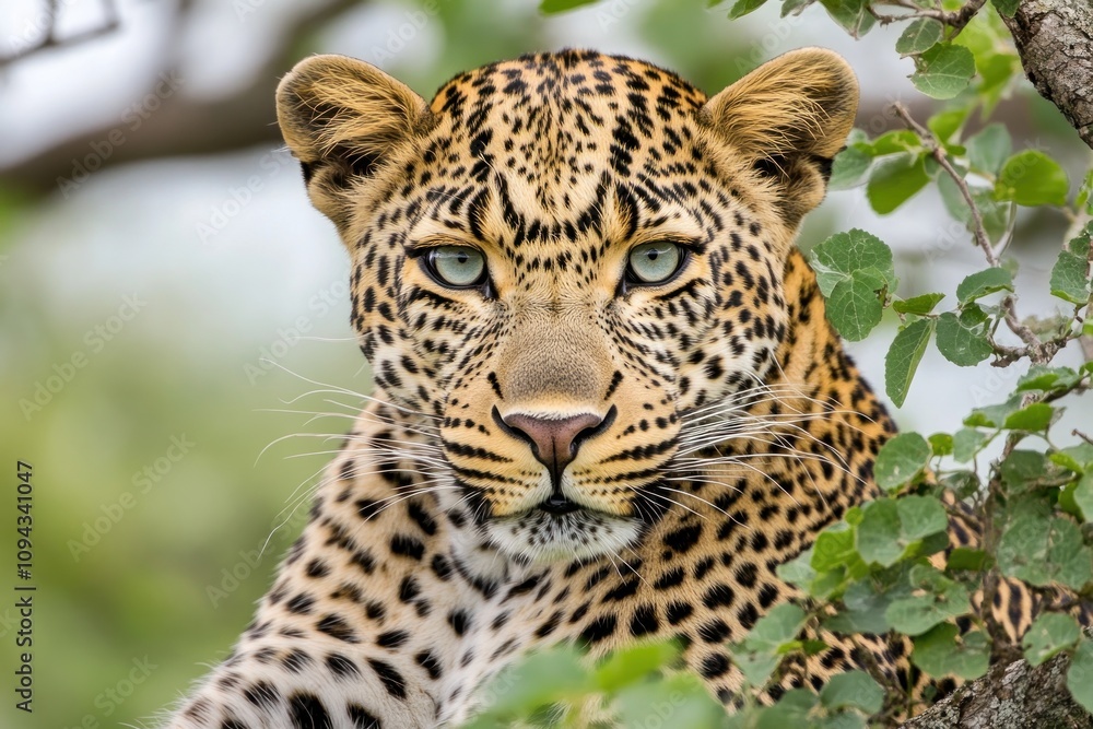 A close-up of a leopard resting on a branch, showcasing its striking features and fur patterns. A close-up of a leopard resting on a branch, showcasing its striking features and fur patterns.