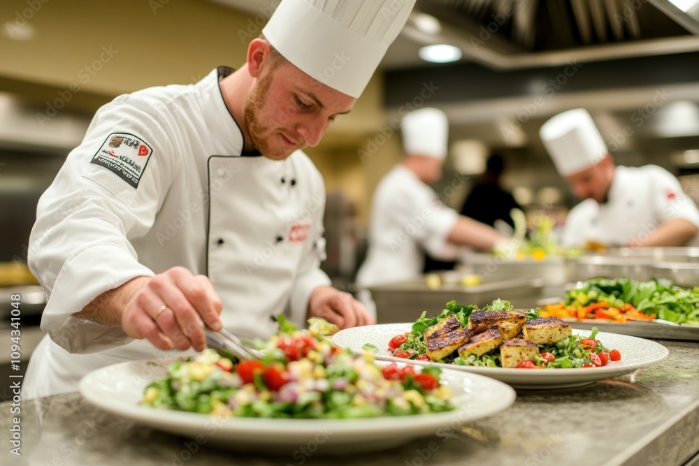 A chef plating a colorful salad in a bustling kitchen environment. A chef plating a colorful salad in a bustling kitchen environment.