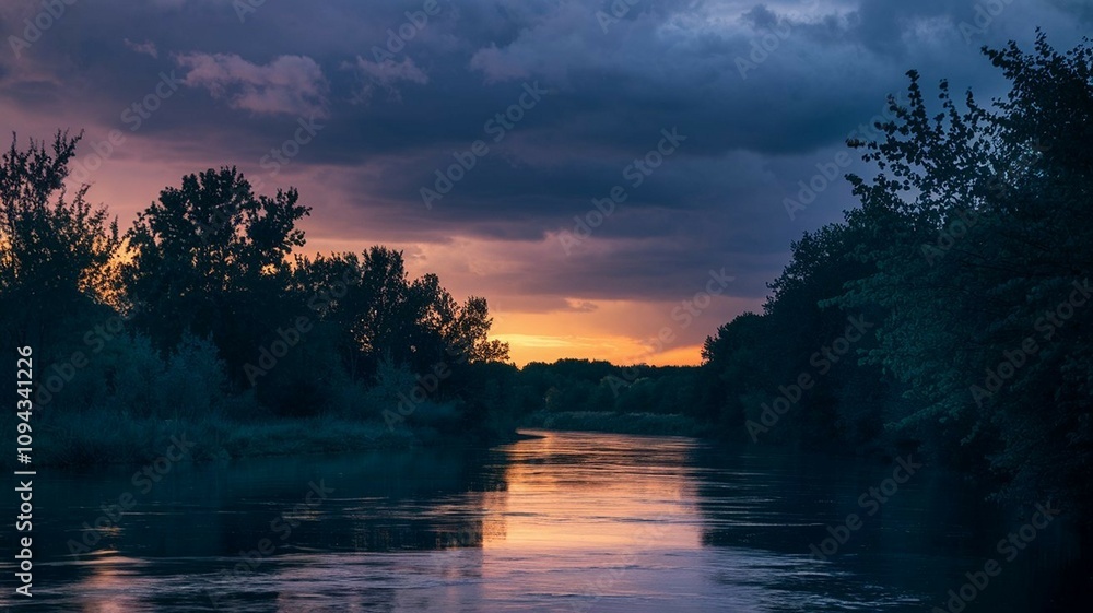 River Bank with Forest and Dramatic Sunset Sky Under Dark Clouds Nature photography Image Isolated Evening Landscape Peaceful Background River Bank with Forest and Dramatic Sunset Sky Under Dark Clouds Nature photography Image Isolated Evening Landscape Peaceful Background