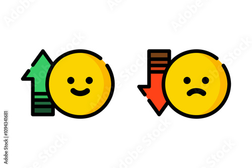 Set of emoji icon in good mood and bad mood. Healthcare, mental health, anxiety, stress, burnout concept. Colored outline  character design isolated illustration.