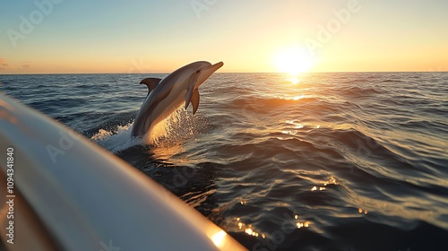A dolphin leaping out of the ocean alongside a boat