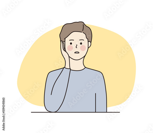 Young shy boy hiding his face peeking secretly. Hand drawn character vector design illustrations.