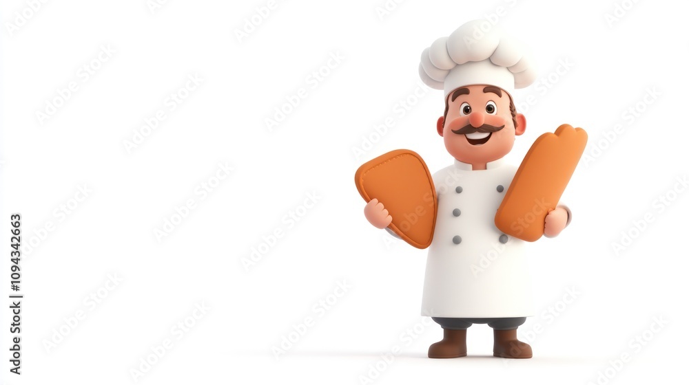 A cheerful cartoon chef holding a tray and a sausage, embodying culinary creativity. A cheerful cartoon chef holding a tray and a sausage, embodying culinary creativity.
