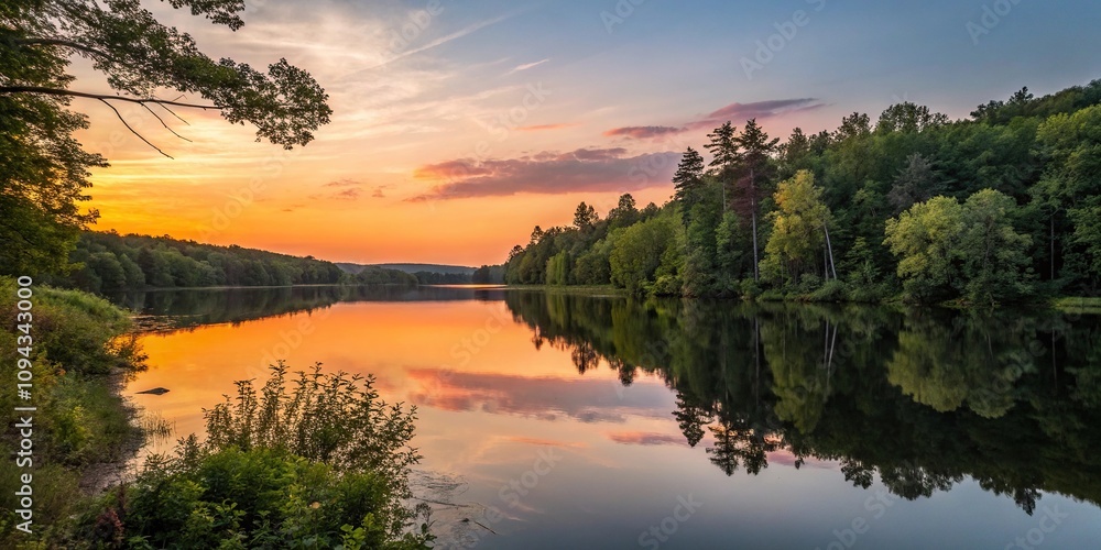Obraz premium A peaceful lake reflects the vibrant colors of a setting sun with surrounding trees, lake, trees