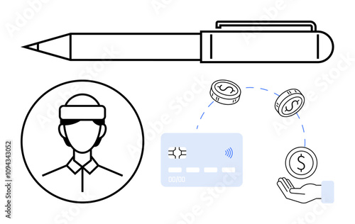 Businessman outline with headband, payment card, hand receiving coins, and pen with clip. Ideal for business, finance, transactions, payment methods, budgeting financial services online payments