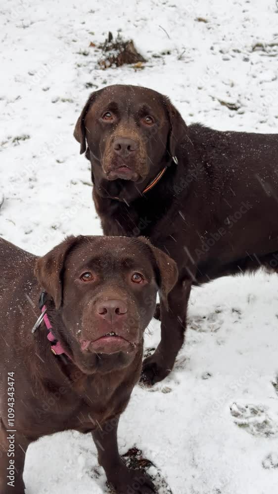4k, Two playful brown dogs of the Labrador Retriever breed enjoying a snowy day outdoors in a winter landscape with snowflakes falling around them 4k, Two playful brown dogs of the Labrador Retriever breed enjoying a snowy day outdoors in a winter landscape with snowflakes falling around them