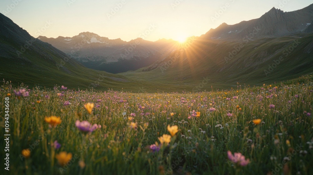 Fototapeta premium An extreme wide shot of a mountain valley at sunrise, with wildflowers in the foreground and the light gently spilling over the peaks, AI Generative.