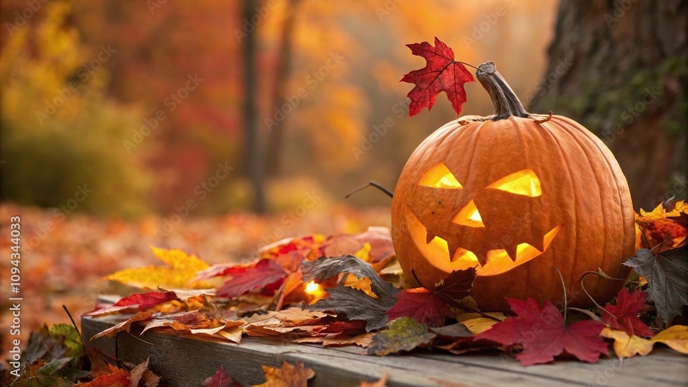 A pumpkin with an autumn leaf face and glowing eyes in front of a colorful fall background, jack o lantern, seasonal, autumn leaves A pumpkin with an autumn leaf face and glowing eyes in front of a colorful fall background, jack o lantern, seasonal, autumn leaves