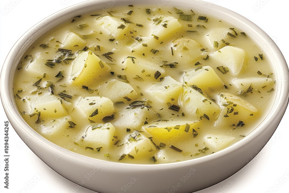 A bowl of potato soup garnished with herbs, ready to be served as a comforting meal. A bowl of potato soup garnished with herbs, ready to be served as a comforting meal.