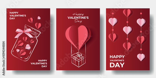 Happy Valentines day concept posters set. Vector illustration. 3d red and pink paper hearts on Red Background. Cute Love Design template banner or greeting cards for advertising, web, social media.