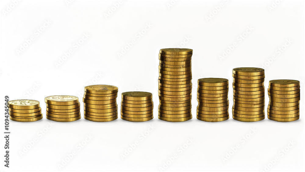 Here's a description suitable for a stock photo site, following your specifications.. Gold coins stacks showing growth. Here's a description suitable for a stock photo site, following your specifications.. Gold coins stacks showing growth.
