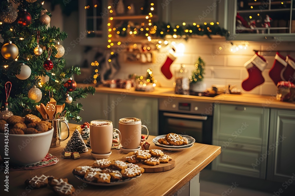 Fototapeta premium Cozy winter kitchen adorned for Christmas with festive treats