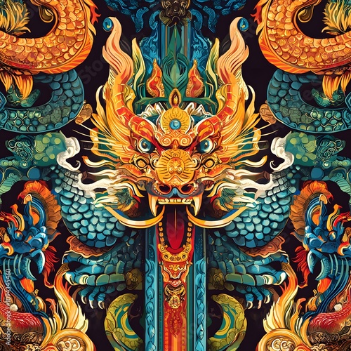 Vibrant Thai Mythical Creatures with Intricate Details in a Seamless Dynamic Pattern