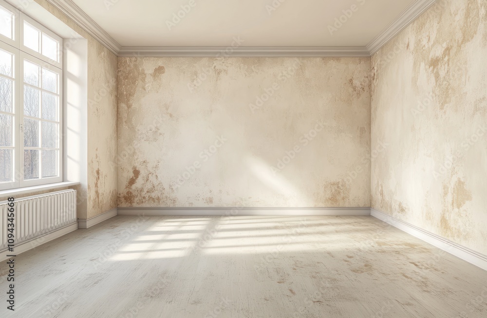 An empty room with weathered walls and sunlight streaming through a large window. An empty room with weathered walls and sunlight streaming through a large window.