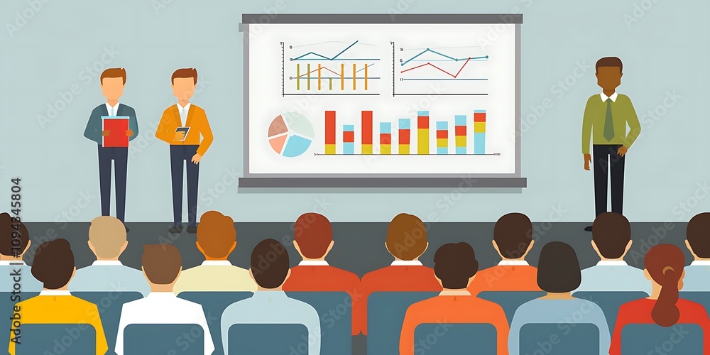 Obraz premium Flat design showing a business presentation on a whiteboard with a group of workers