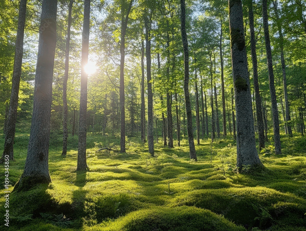 Obraz premium A serene forest scene illuminated by sunlight, featuring lush greenery and tranquil moss-covered terrain.