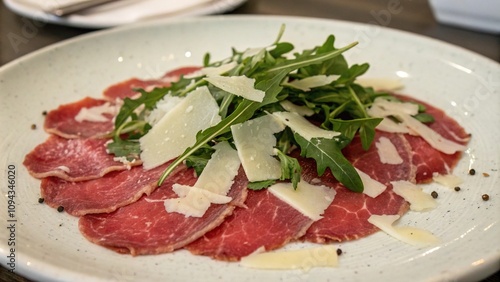 Thinly sliced raw beef on a plate topped with shaved parmesan cheese and arugula, , culinary art, arugula