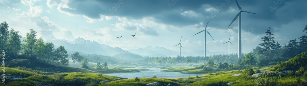 Obraz premium A serene landscape showcasing wind turbines, lush greenery, and a tranquil lake under a dramatic sky.