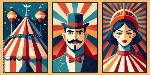 Vintage circus themed illustration with carnival tent, ringmaster, and performer design for posters