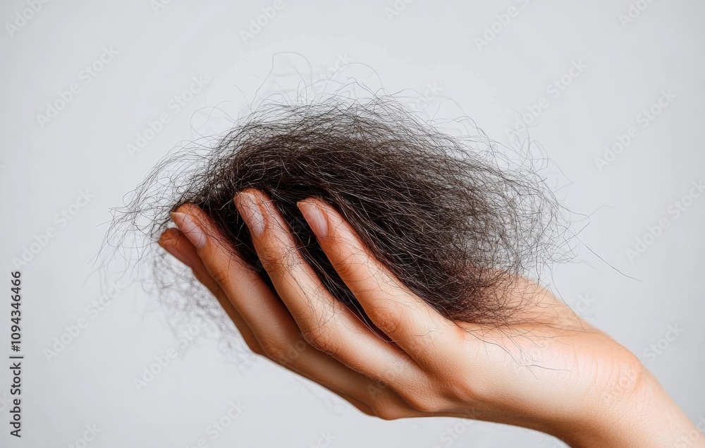 Hand Holding Dark Brown Hair on White Background Hair Loss Problem Health Care Concept Hand Holding Dark Brown Hair on White Background Hair Loss Problem Health Care Concept